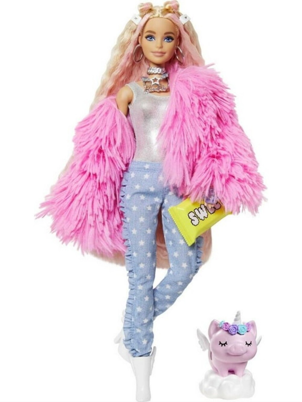 Barbie Extra Fashion Doll with Crimped Hair in Fluffy Pink Coat with Accessories